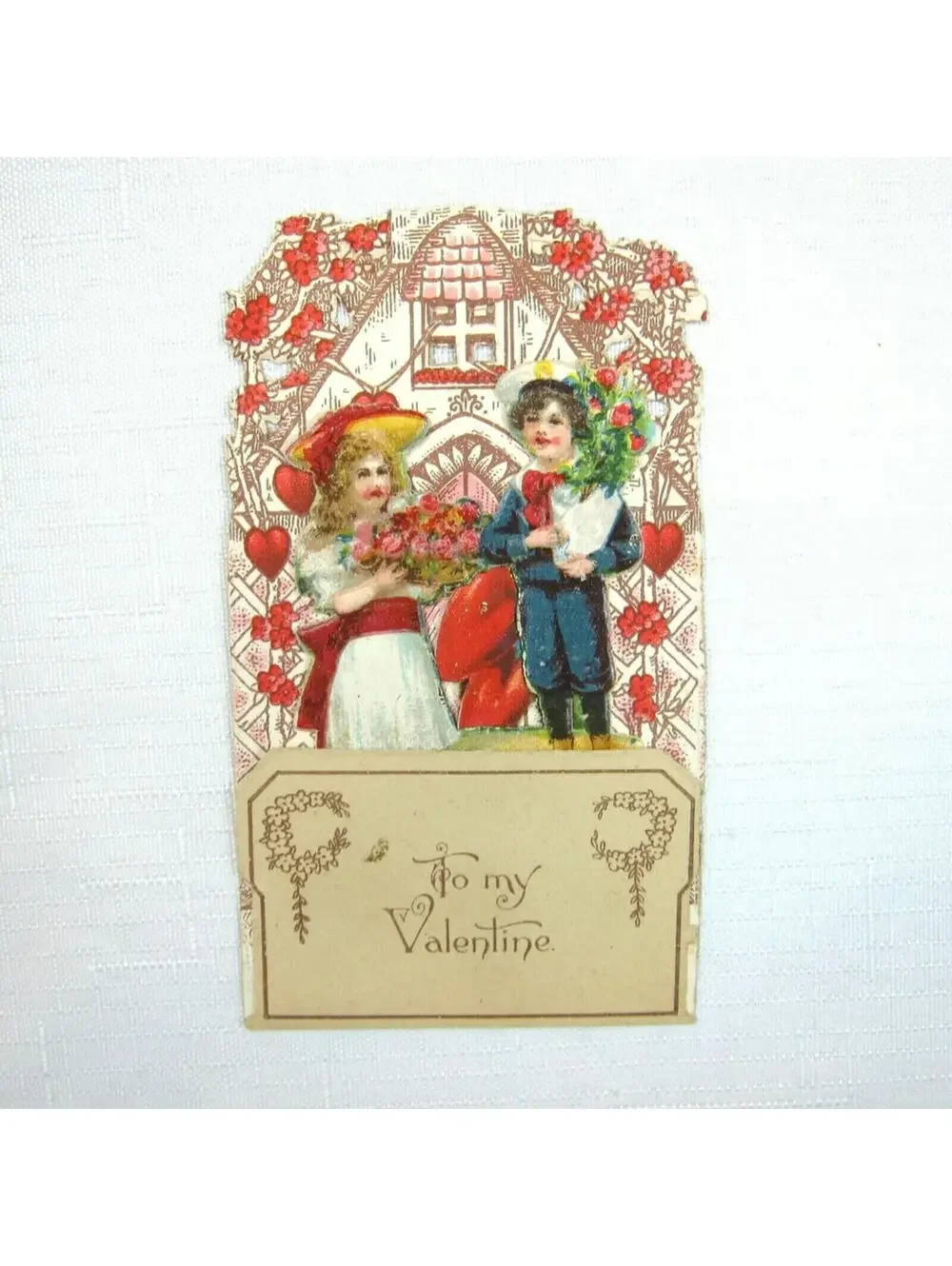 Vintage Valentine Pop Up 3D Pull Down Die Cut Victorian Girl Boy Flowers Germany